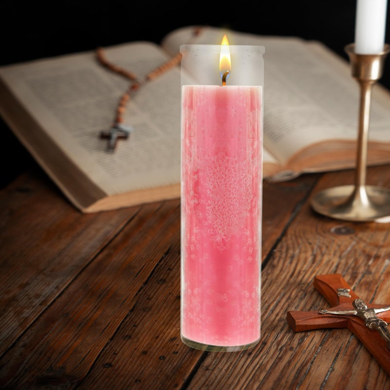 Mega Candles شموع ميغا 6 قطع غير معطرة وردية 7 أيام في حاوية زجاجية لشموع الصلاة التعبدية، شمعة شمع فاخرة 2 بوصة × 8 بوصة، ملاذ، تأبين، صلوات، بركات، دينية، تذكارات، ذكرى - Image 3